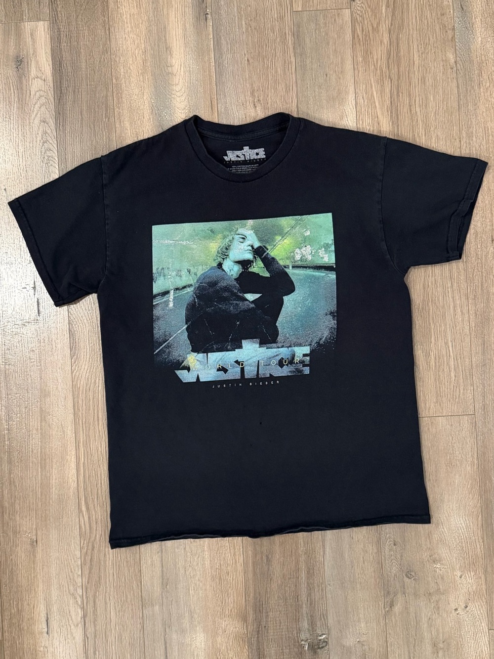 Justice Black Graphic Tee with Green and Blue Print